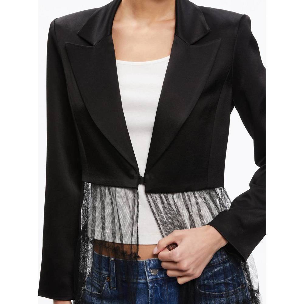 NEW ALICE + OLIVIA satin cropped blazer with tulle bottom in black - Picture 5 of 6